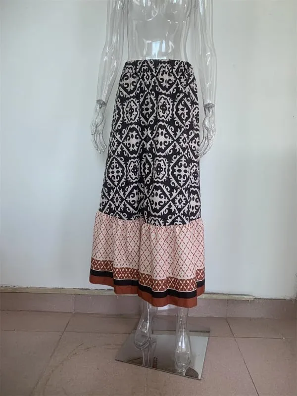 Womens Vintage Print Maxi Long Skirt High Waist A Line Boho Skirt Ruffle Tiered Maxi Skirts
