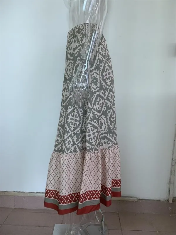 Womens Vintage Print Maxi Long Skirt High Waist A Line Boho Skirt Ruffle Tiered Maxi Skirts