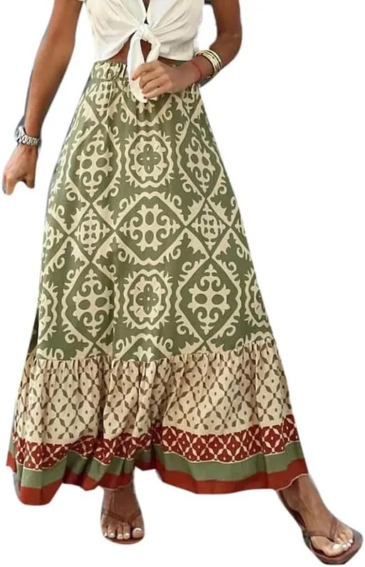 Womens Vintage Print Maxi Long Skirt High Waist A Line Boho Skirt Ruffle Tiered Maxi Skirts