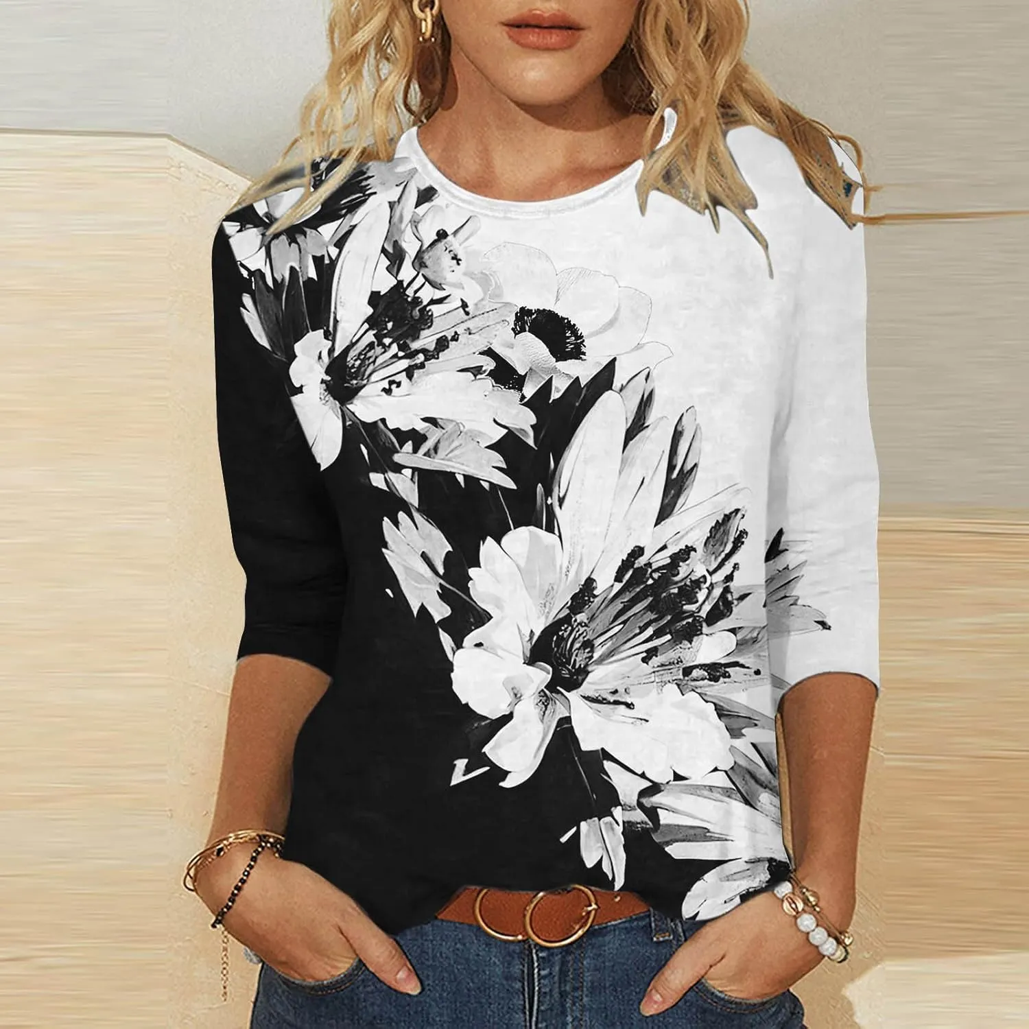 Womens Vintage Print Summer Blouses Elbow Length Casual Tops 3/4 Sleeve Tshirts Shirts Loose Fit Ladies Clothing 2024