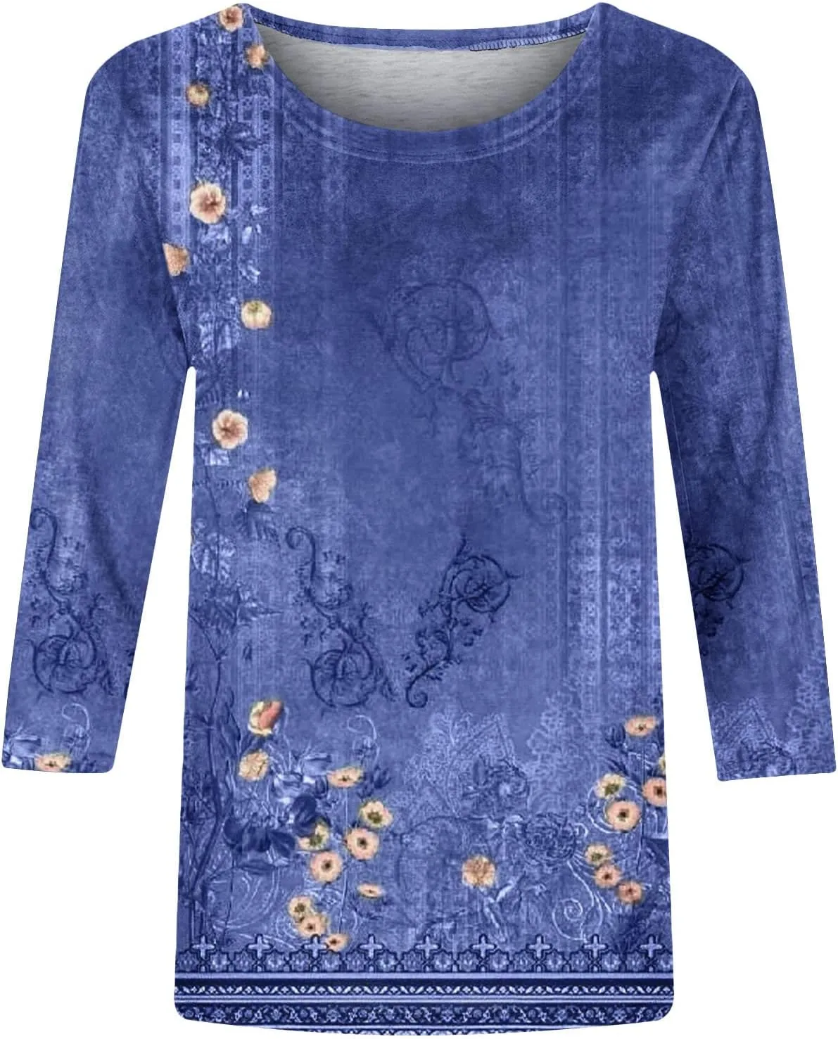 Womens Vintage Print Summer Blouses Elbow Length Casual Tops 3/4 Sleeve Tshirts Shirts Loose Fit Ladies Clothing 2024