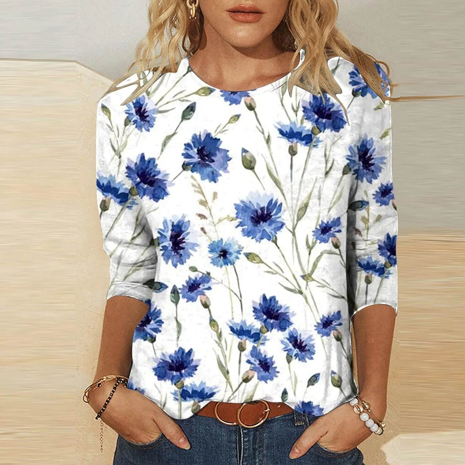Womens Vintage Print Summer Blouses Elbow Length Casual Tops 3/4 Sleeve Tshirts Shirts Loose Fit Ladies Clothing 2024