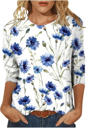 Womens Vintage Print Summer Blouses Elbow Length Casual Tops 3/4 Sleeve Tshirts Shirts Loose Fit Ladies Clothing 2024