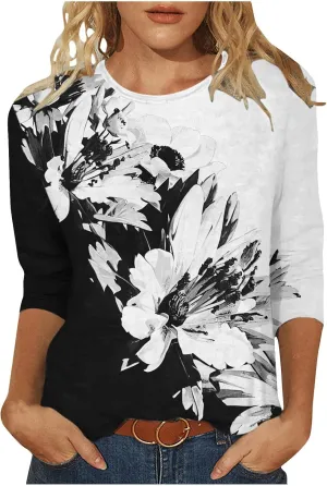 Womens Vintage Print Summer Blouses Elbow Length Casual Tops 3/4 Sleeve Tshirts Shirts Loose Fit Ladies Clothing 2024