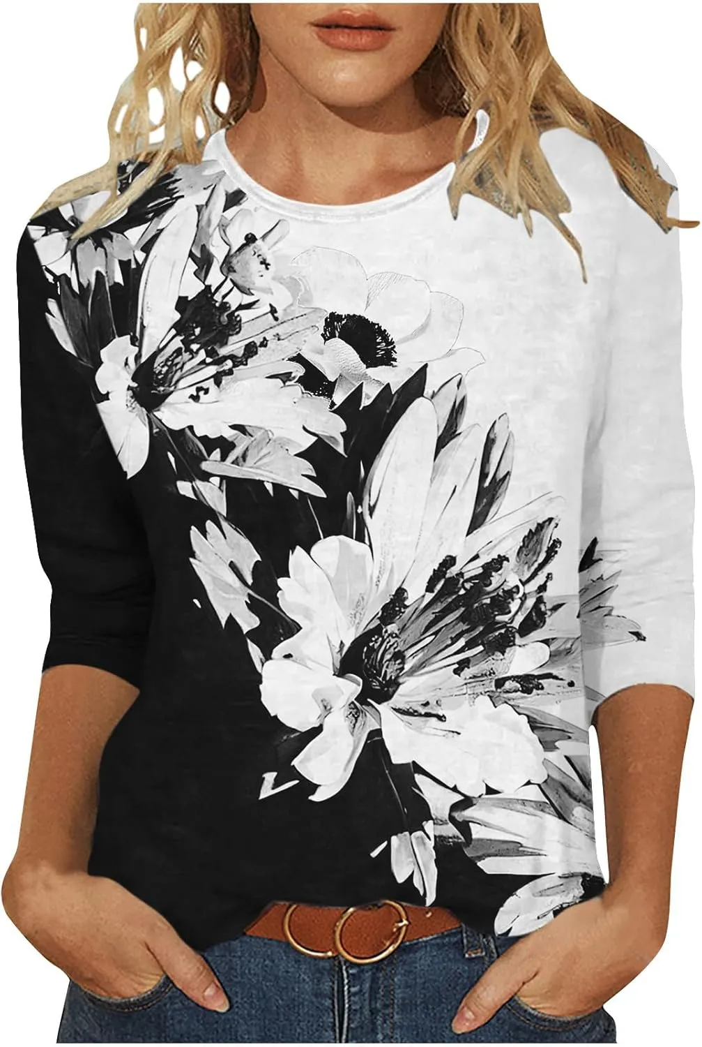 Womens Vintage Print Summer Blouses Elbow Length Casual Tops 3/4 Sleeve Tshirts Shirts Loose Fit Ladies Clothing 2024