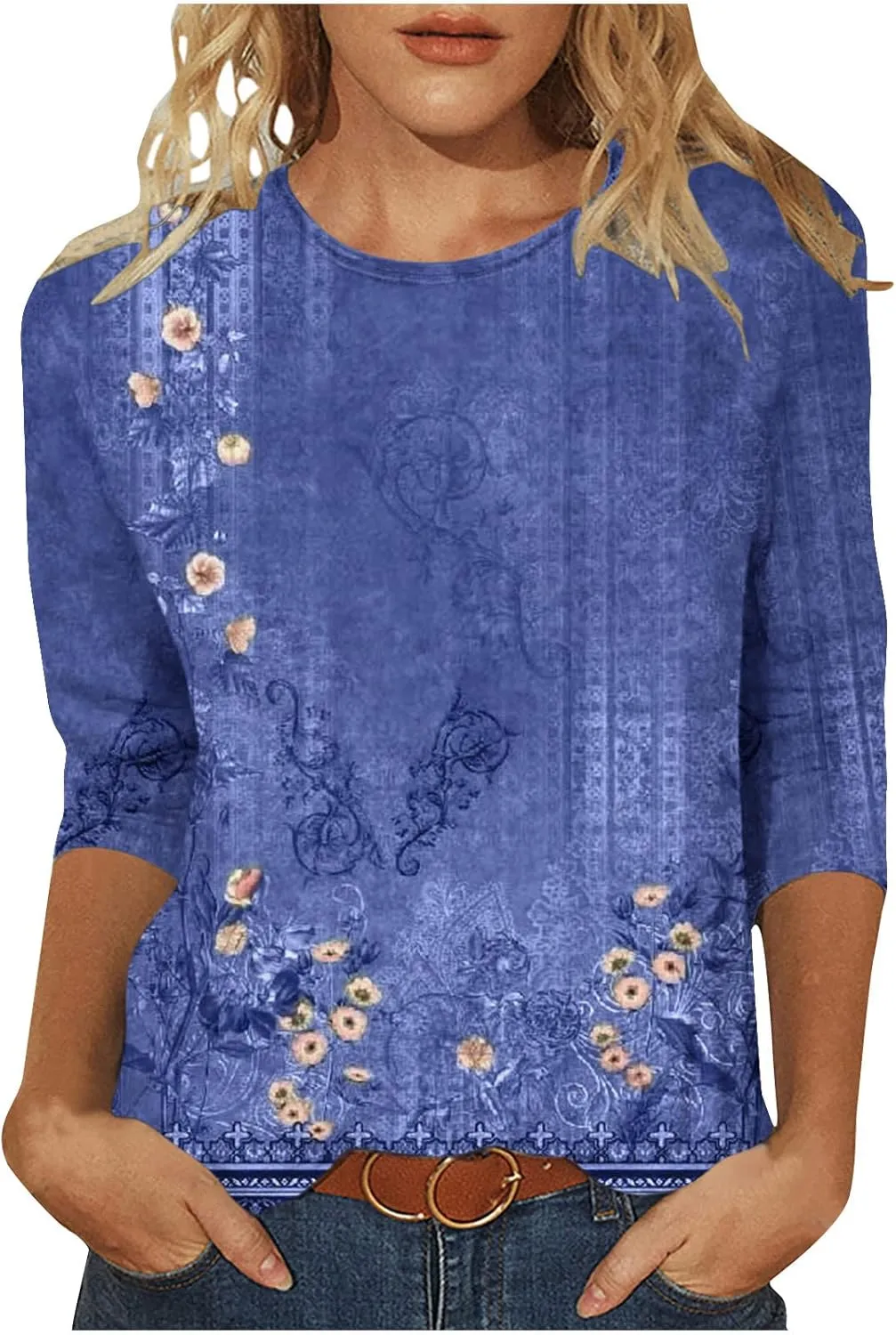 Womens Vintage Print Summer Blouses Elbow Length Casual Tops 3/4 Sleeve Tshirts Shirts Loose Fit Ladies Clothing 2024