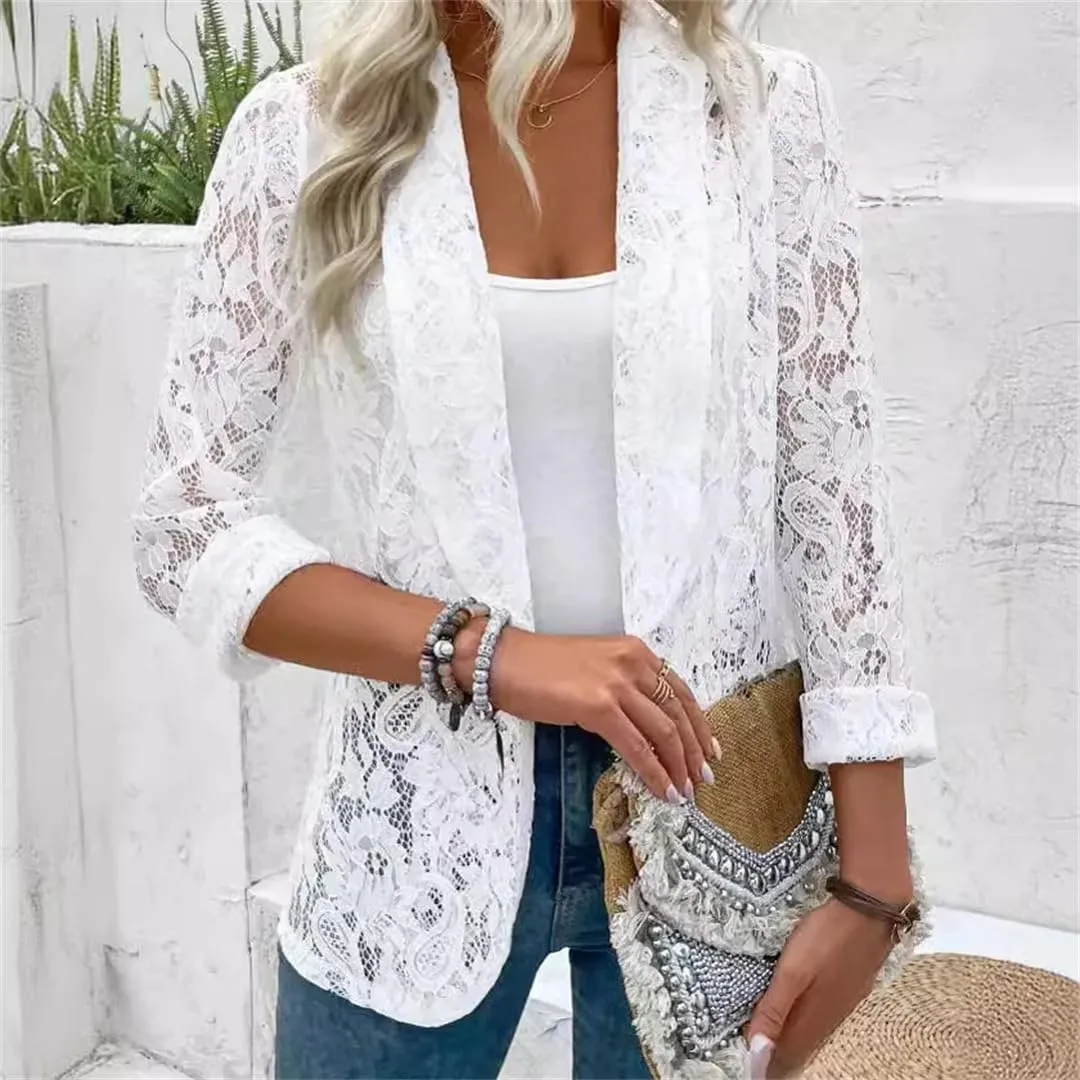 Women's White Lace Hollow Out Suit Coat Open Stitch Blazers Formal Business Jacket Lightweight Office Coat