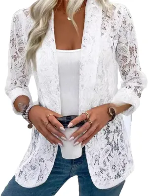 Women's White Lace Hollow Out Suit Coat Open Stitch Blazers Formal Business Jacket Lightweight Office Coat