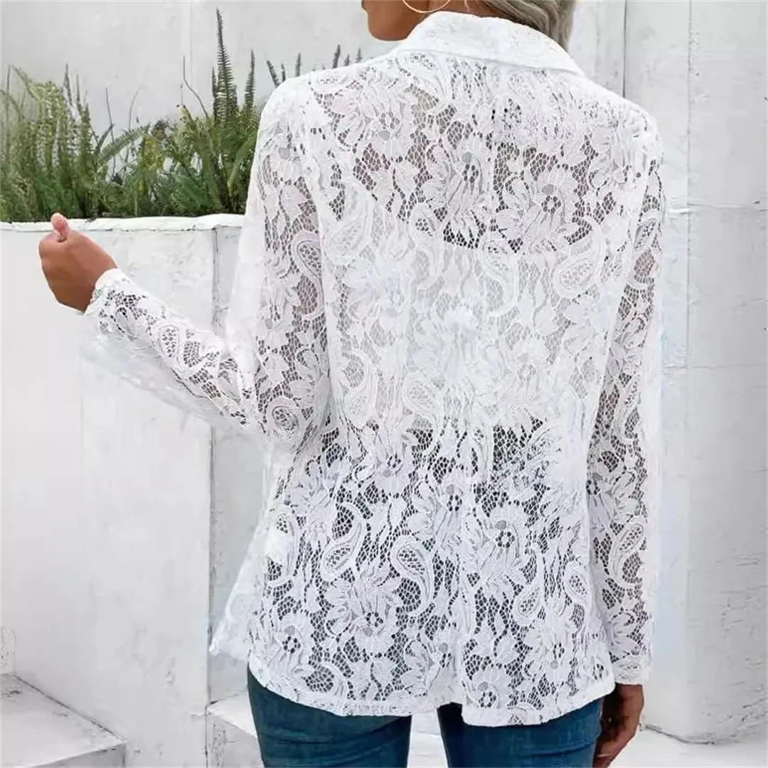 Women's White Lace Hollow Out Suit Coat Open Stitch Blazers Formal Business Jacket Lightweight Office Coat