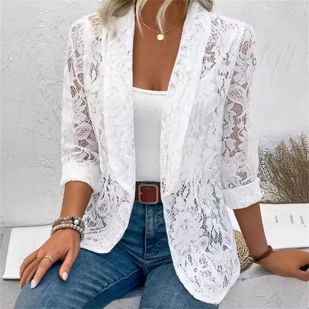 Women's White Lace Hollow Out Suit Coat Open Stitch Blazers Formal Business Jacket Lightweight Office Coat