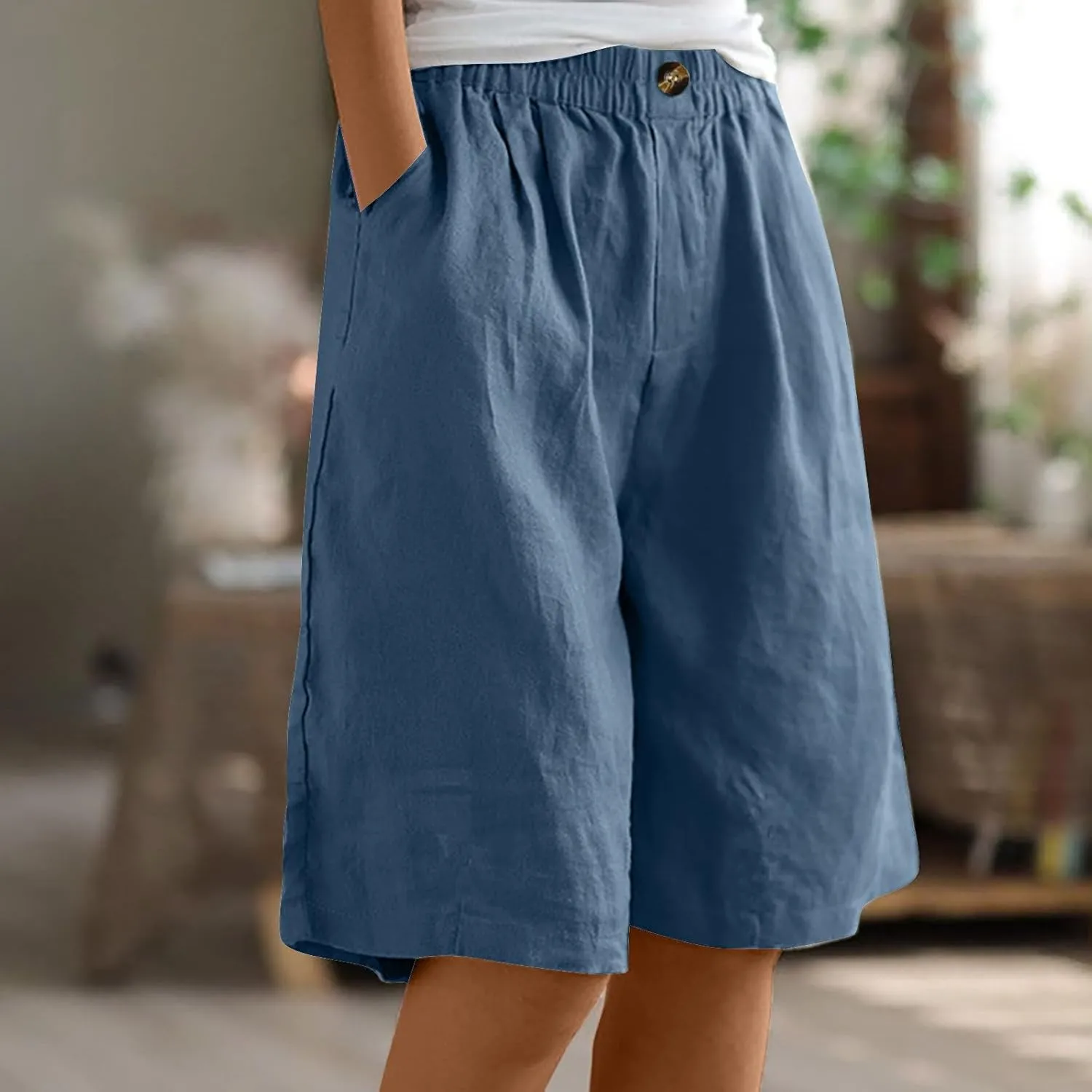 Womens Wide Leg Cotton Linen Shorts 2025 Comfy Bermuda Shorts Summer Casual Short Pants Loose Knee Length Shorts