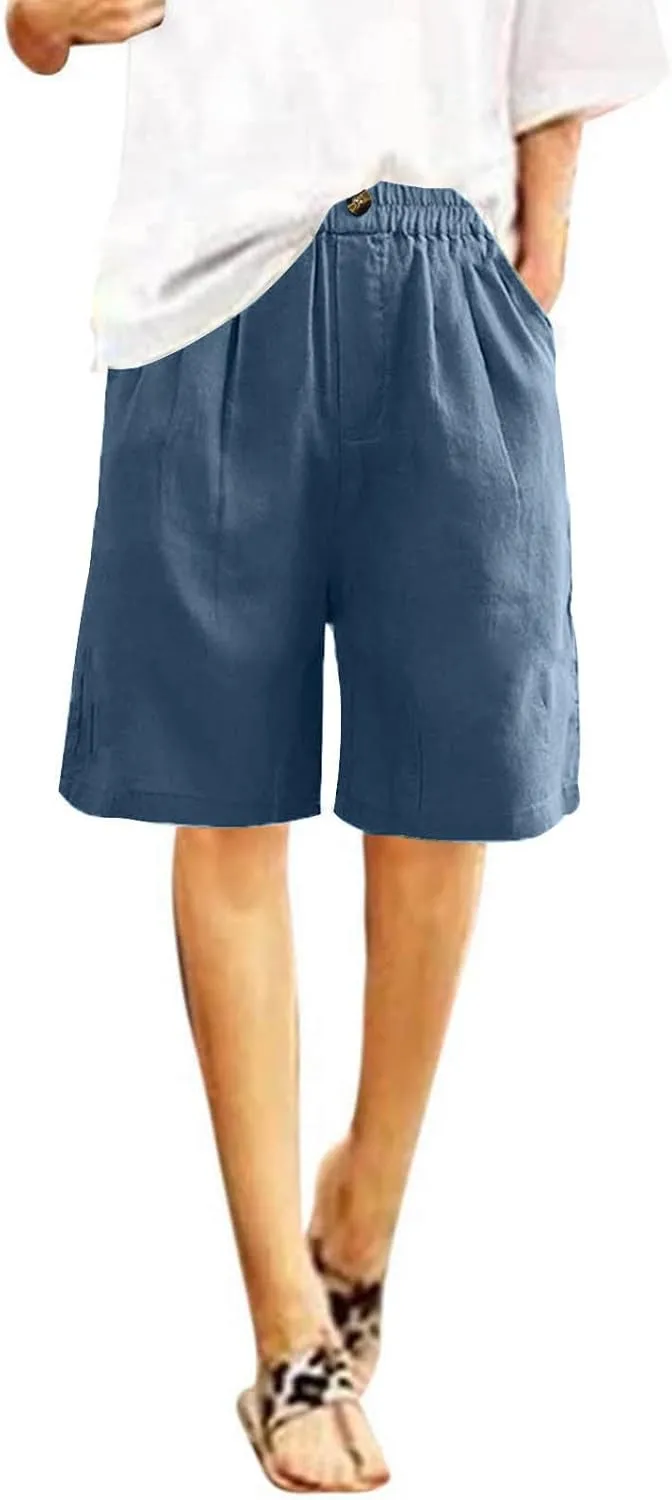 Womens Wide Leg Cotton Linen Shorts 2025 Comfy Bermuda Shorts Summer Casual Short Pants Loose Knee Length Shorts