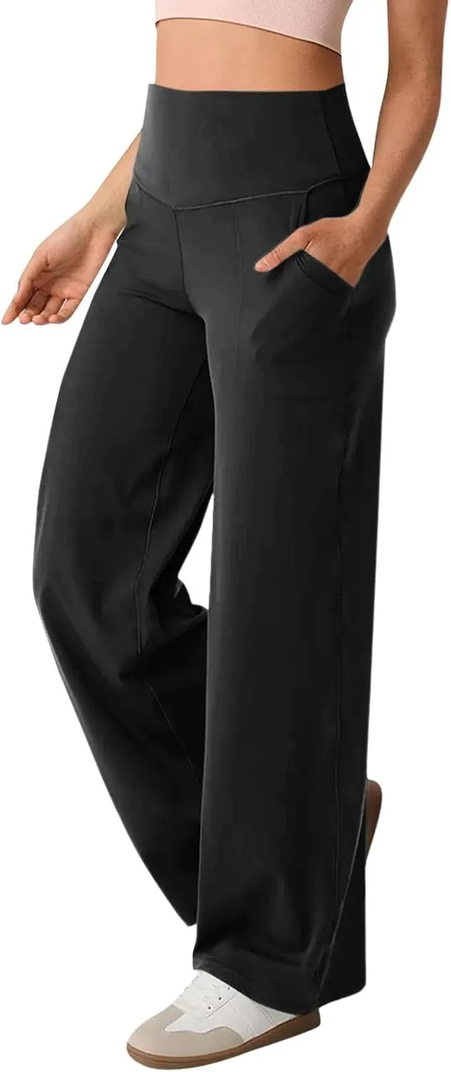 Women's Wide Leg Yoga Pants with Pockets High Waisted Tummy Control Stretch Athletic Workout Casual Flare Leggings