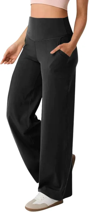 Women's Wide Leg Yoga Pants with Pockets High Waisted Tummy Control Stretch Athletic Workout Casual Flare Leggings