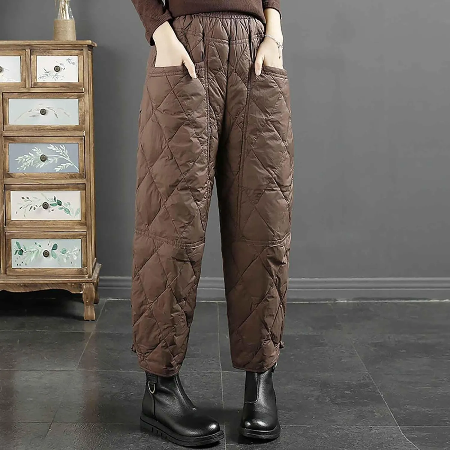 Women's Winter Quilted Pants Down Cotton Pants Elastic Waist Oversized Trousers Loose Outdoor Padded Warm Casual Pants
