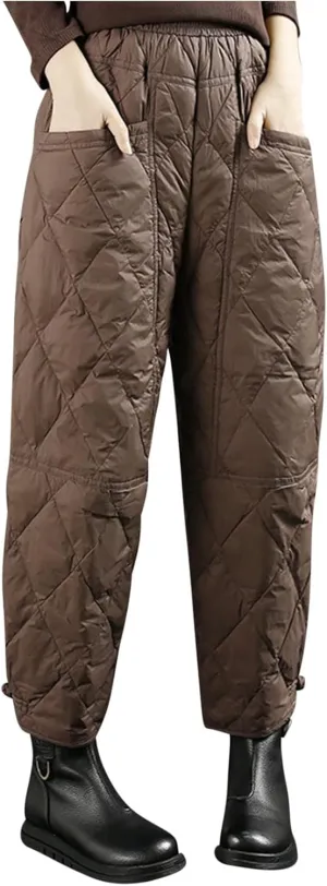 Women's Winter Quilted Pants Down Cotton Pants Elastic Waist Oversized Trousers Loose Outdoor Padded Warm Casual Pants