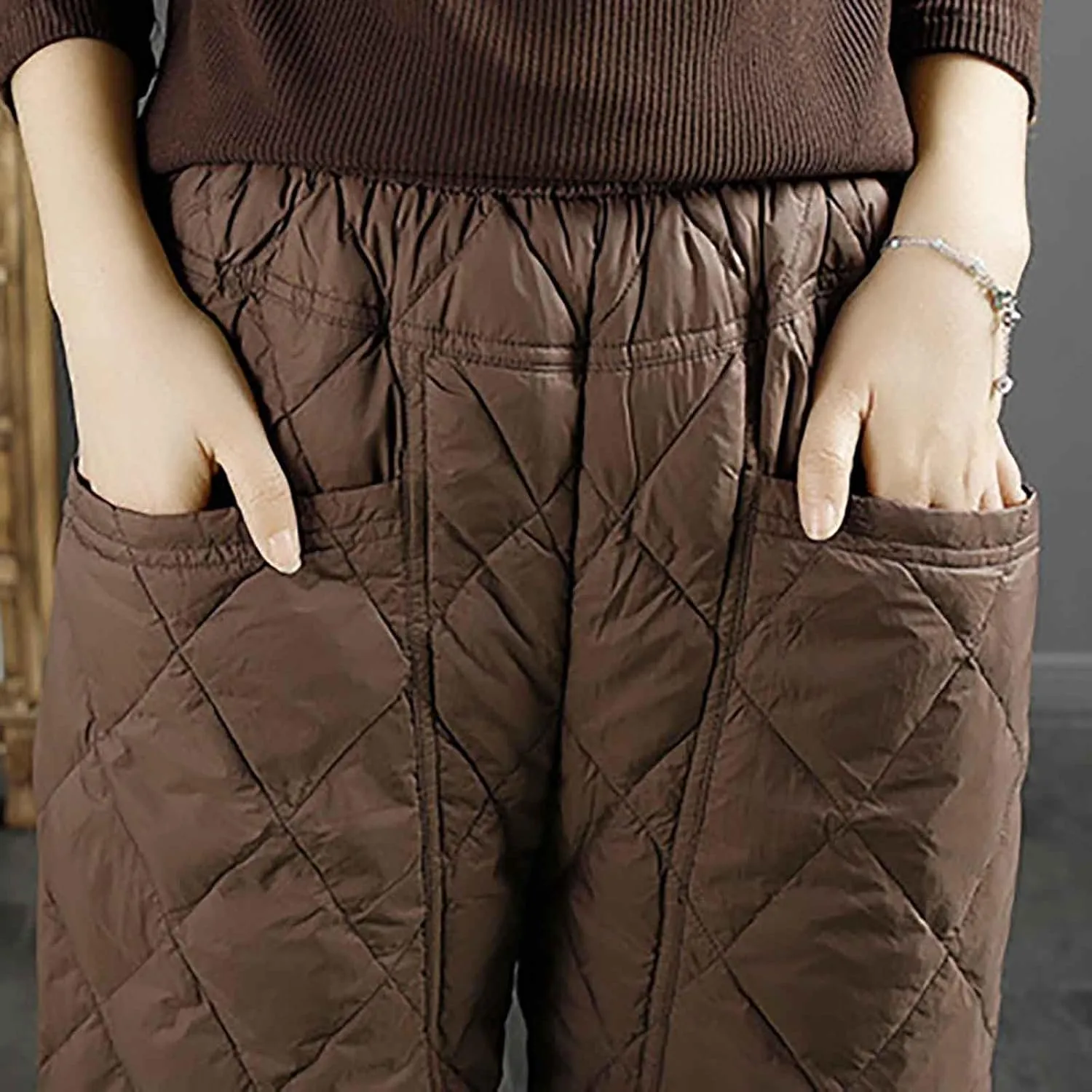 Women's Winter Quilted Pants Down Cotton Pants Elastic Waist Oversized Trousers Loose Outdoor Padded Warm Casual Pants