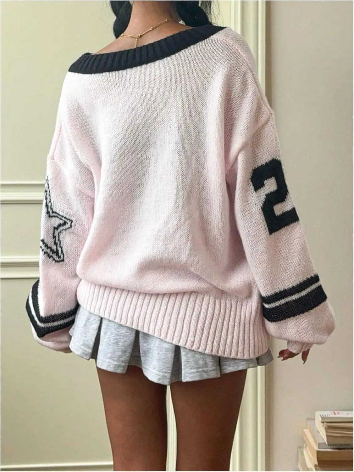 Women's Y2K Sweaters Letter Print Oversized Sweaters Long Sleeve V Neck Pullover Sweater Jumper Top Knit Jersey Shirt