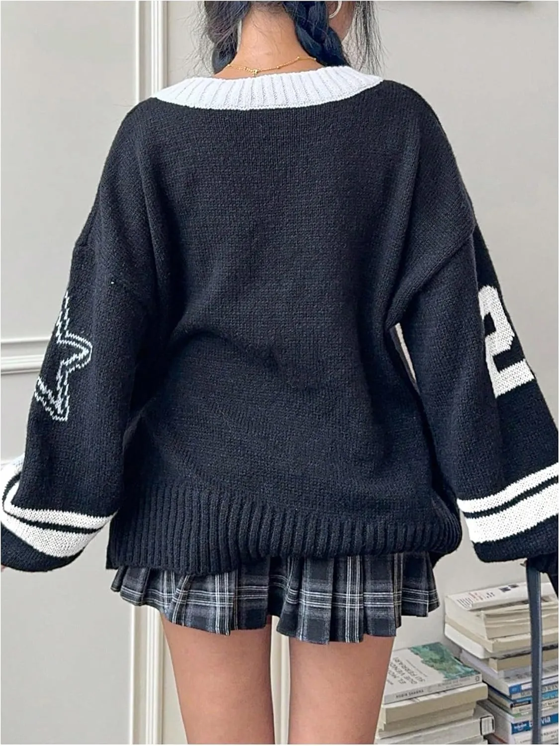 Women's Y2K Sweaters Letter Print Oversized Sweaters Long Sleeve V Neck Pullover Sweater Jumper Top Knit Jersey Shirt