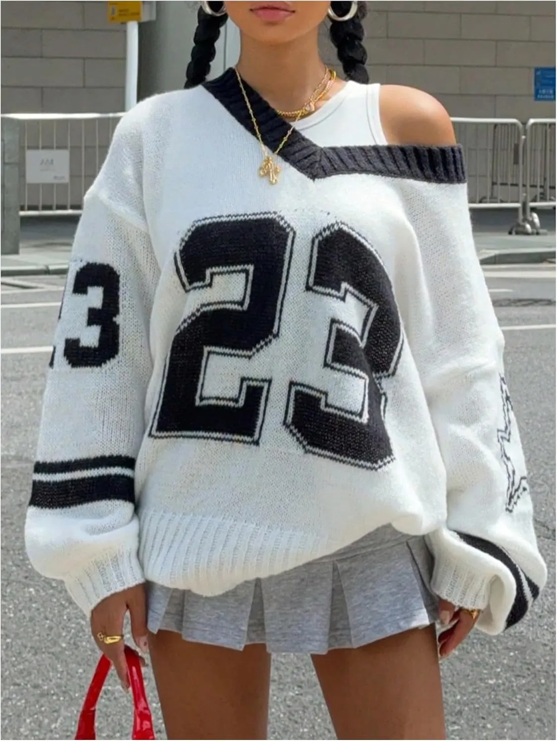 Women's Y2K Sweaters Letter Print Oversized Sweaters Long Sleeve V Neck Pullover Sweater Jumper Top Knit Jersey Shirt