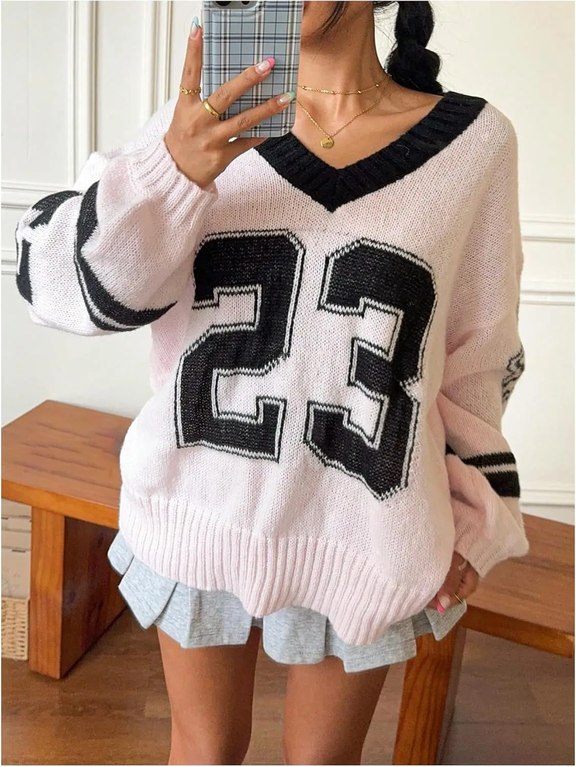 Women's Y2K Sweaters Letter Print Oversized Sweaters Long Sleeve V Neck Pullover Sweater Jumper Top Knit Jersey Shirt