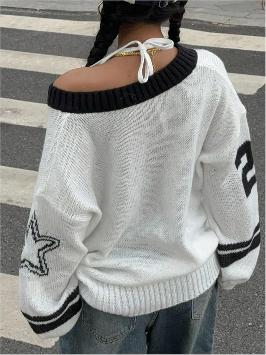 Women's Y2K Sweaters Letter Print Oversized Sweaters Long Sleeve V Neck Pullover Sweater Jumper Top Knit Jersey Shirt