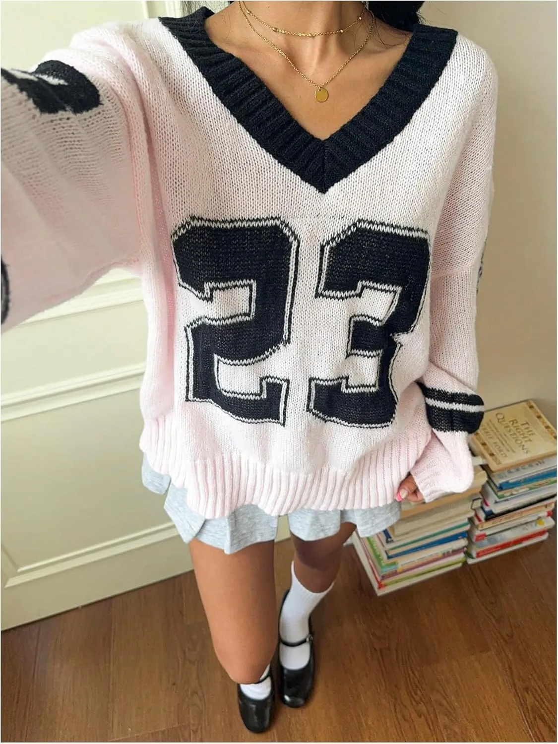 Women's Y2K Sweaters Letter Print Oversized Sweaters Long Sleeve V Neck Pullover Sweater Jumper Top Knit Jersey Shirt
