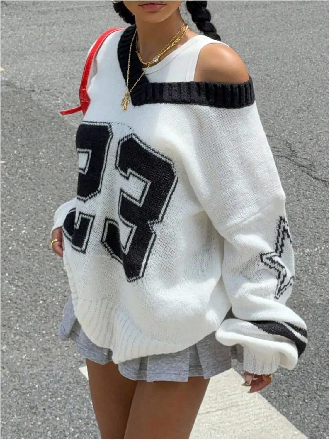 Women's Y2K Sweaters Letter Print Oversized Sweaters Long Sleeve V Neck Pullover Sweater Jumper Top Knit Jersey Shirt