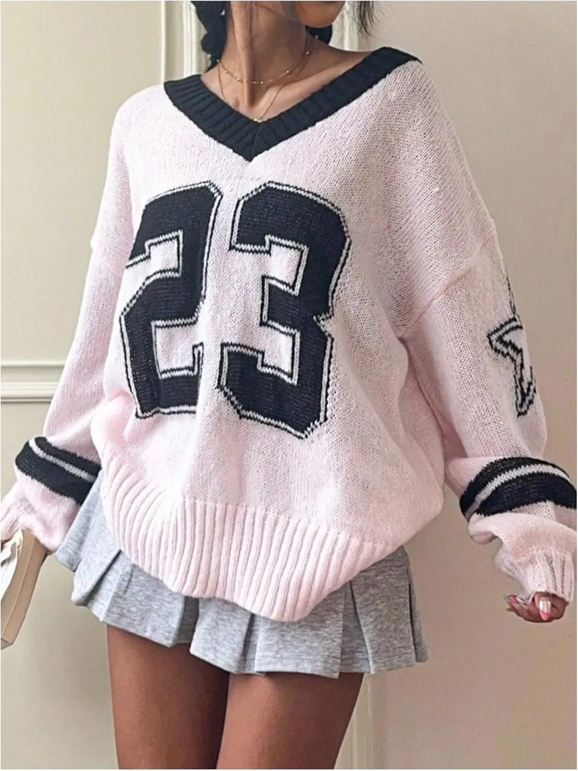 Women's Y2K Sweaters Letter Print Oversized Sweaters Long Sleeve V Neck Pullover Sweater Jumper Top Knit Jersey Shirt