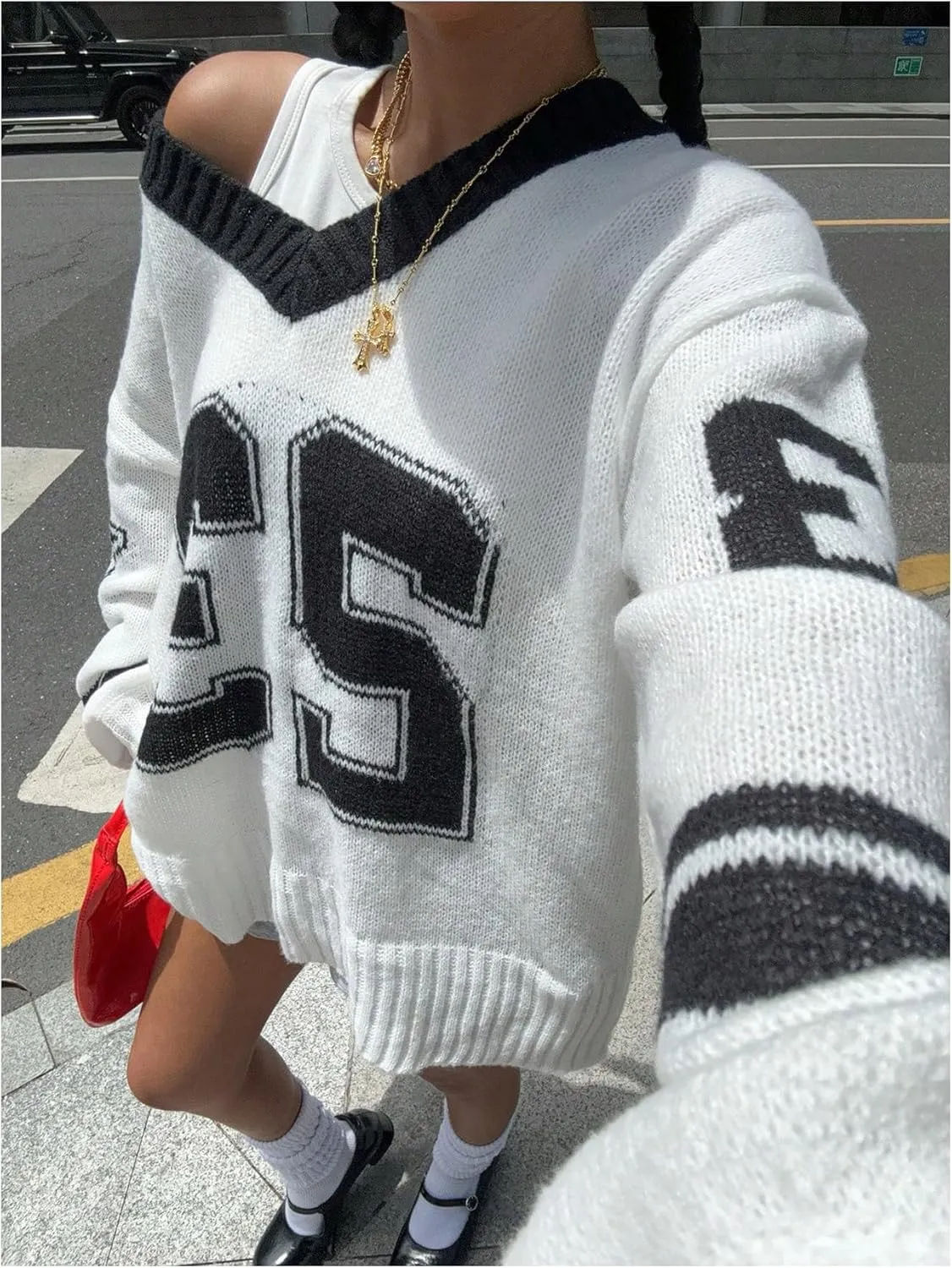 Women's Y2K Sweaters Letter Print Oversized Sweaters Long Sleeve V Neck Pullover Sweater Jumper Top Knit Jersey Shirt