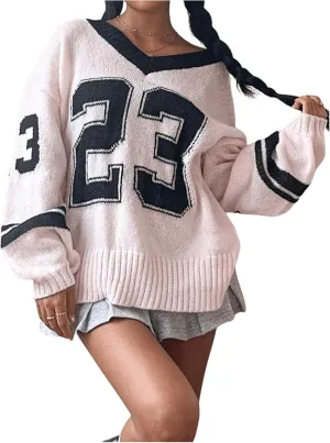 Women's Y2K Sweaters Letter Print Oversized Sweaters Long Sleeve V Neck Pullover Sweater Jumper Top Knit Jersey Shirt