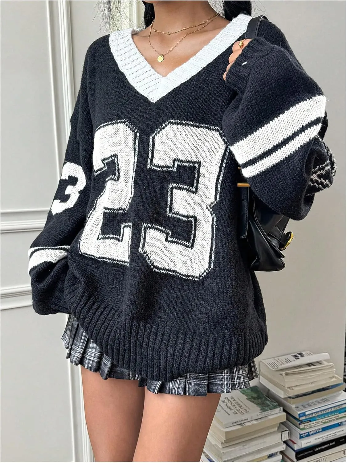 Women's Y2K Sweaters Letter Print Oversized Sweaters Long Sleeve V Neck Pullover Sweater Jumper Top Knit Jersey Shirt