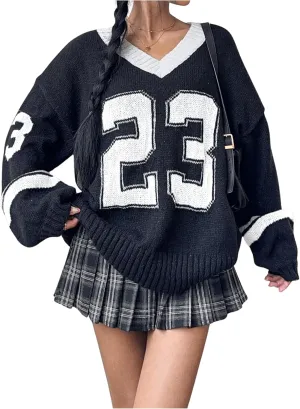 Women's Y2K Sweaters Letter Print Oversized Sweaters Long Sleeve V Neck Pullover Sweater Jumper Top Knit Jersey Shirt