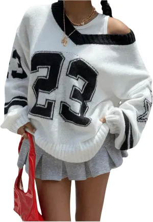 Women's Y2K Sweaters Letter Print Oversized Sweaters Long Sleeve V Neck Pullover Sweater Jumper Top Knit Jersey Shirt