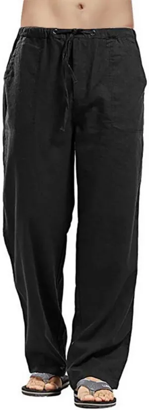 WUAI-Men Linen Pants Plus Size Casual Straight-Legs Stretchy Waist Loose Beach Pants Trousers