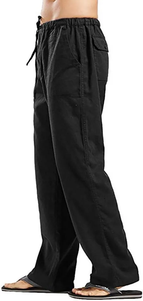 WUAI-Men Linen Pants Plus Size Casual Straight-Legs Stretchy Waist Loose Beach Pants Trousers