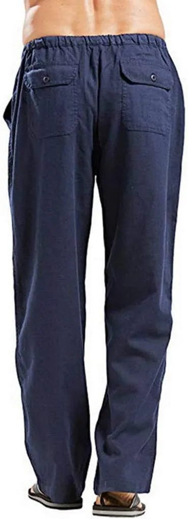 WUAI-Men Linen Pants Plus Size Casual Straight-Legs Stretchy Waist Loose Beach Pants Trousers