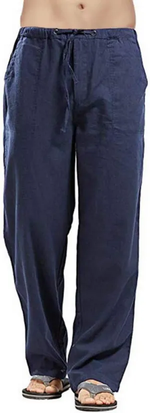 WUAI-Men Linen Pants Plus Size Casual Straight-Legs Stretchy Waist Loose Beach Pants Trousers