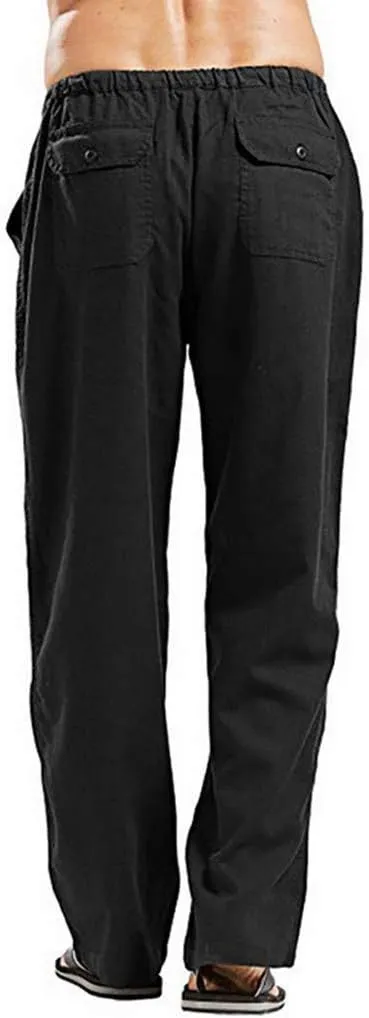 WUAI-Men Linen Pants Plus Size Casual Straight-Legs Stretchy Waist Loose Beach Pants Trousers