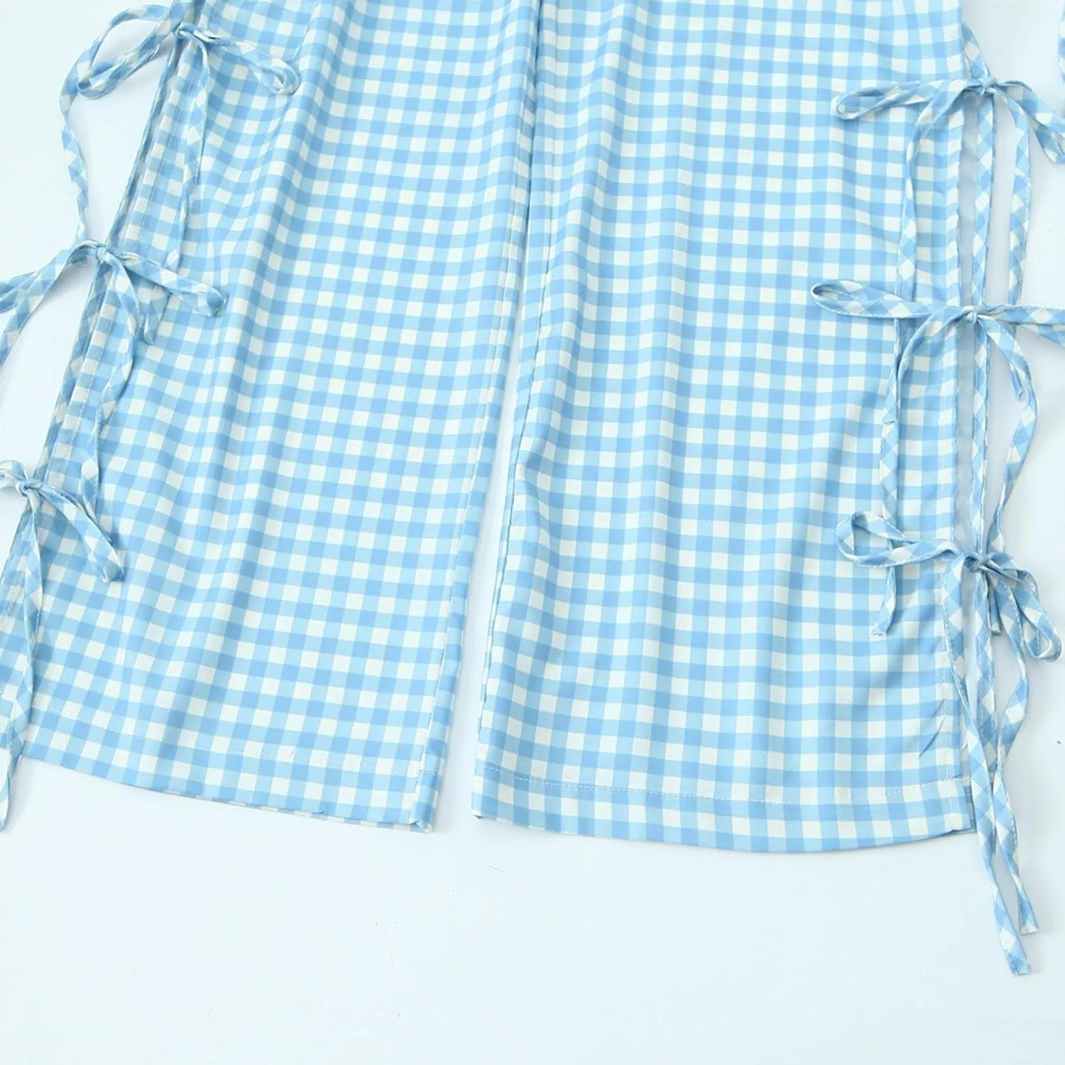Y2K Gingham Pants for Women Bow Tie Side Slit Wide Leg Lounge Loose Fit Plaid Trousers Teen Girls Going Out Pants