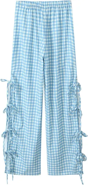 Y2K Gingham Pants for Women Bow Tie Side Slit Wide Leg Lounge Loose Fit Plaid Trousers Teen Girls Going Out Pants