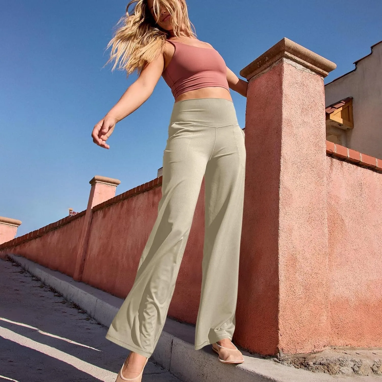 Yoga Pants for Women Wide Leg Strentch Straight Trousers Tummy Control Flare Leggings with Pockets Comfy Lounge Pant