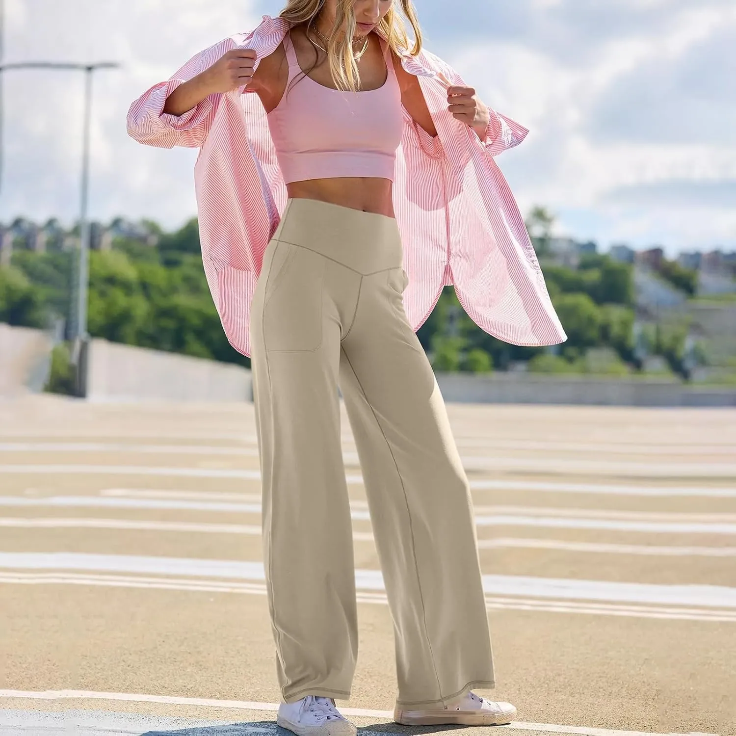 Yoga Pants for Women Wide Leg Strentch Straight Trousers Tummy Control Flare Leggings with Pockets Comfy Lounge Pant