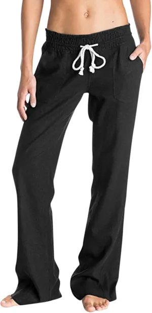 YOLAI Women's Casual Linen Pants Low Waist Drawstring Beach Trousers with Pockets Yoga Palazzo Exercise Pants with Pocket (Black, M)