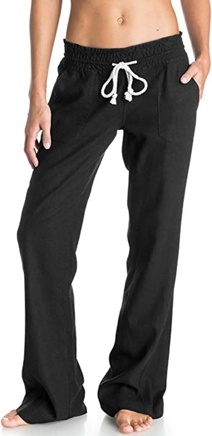 YOLAI Women's Casual Linen Pants Low Waist Drawstring Beach Trousers with Pockets Yoga Palazzo Exercise Pants with Pocket (Black, M)