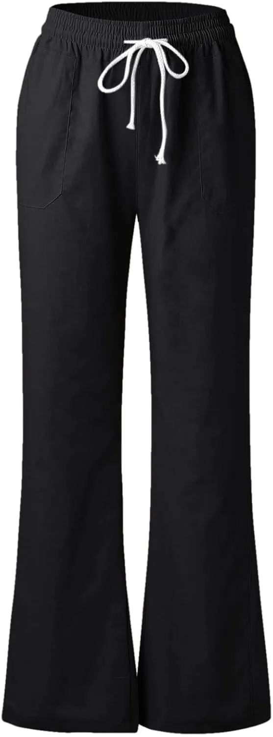 YOLAI Women's Casual Linen Pants Low Waist Drawstring Beach Trousers with Pockets Yoga Palazzo Exercise Pants with Pocket (Black, M)