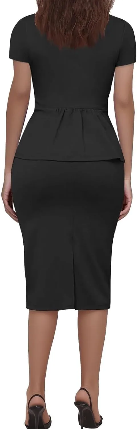 ZEFOTIM Skirt Suit Set for Women Classy Blazer Solid Color Business Short Sleeve 2 Piece Jacket with Pocket
