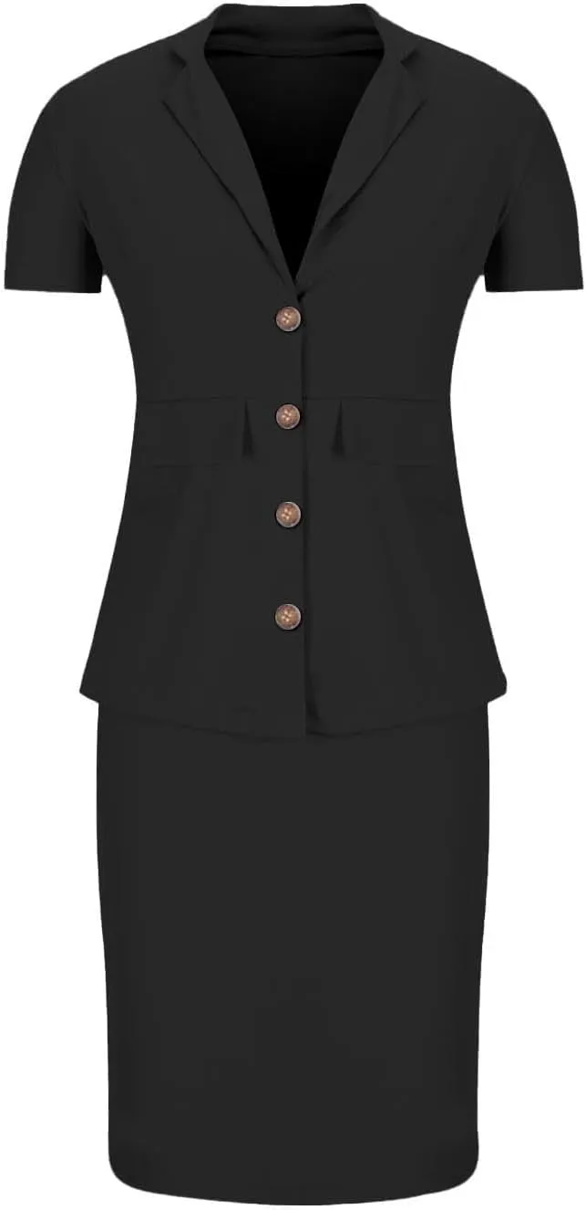 ZEFOTIM Skirt Suit Set for Women Classy Blazer Solid Color Business Short Sleeve 2 Piece Jacket with Pocket