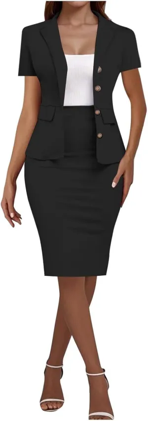 ZEFOTIM Skirt Suit Set for Women Classy Blazer Solid Color Business Short Sleeve 2 Piece Jacket with Pocket