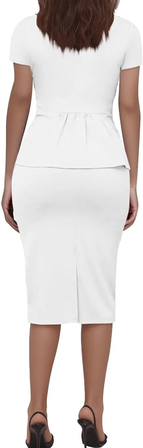 ZEFOTIM Skirt Suit Set for Women Classy Blazer Solid Color Business Short Sleeve 2 Piece Jacket with Pocket
